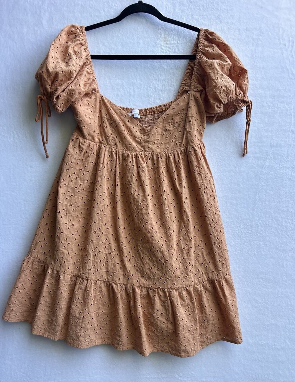 100%Cotton Olivaceous Terracotta Eyelet Babydoll Mini Dress Puff Sleeve Boho